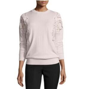 Ted Baker Women's Nude Pink Wool Crew Neck Sweater Long Sleeve Lace Cutout Sz 2